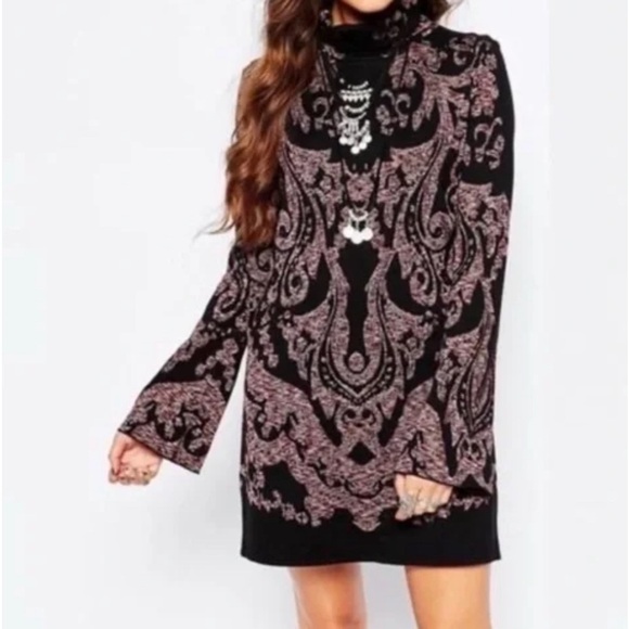 Free People Dresses & Skirts - Free People Sweater Dress Medium Mock Neck Mini Pockets Paisley Modern Love